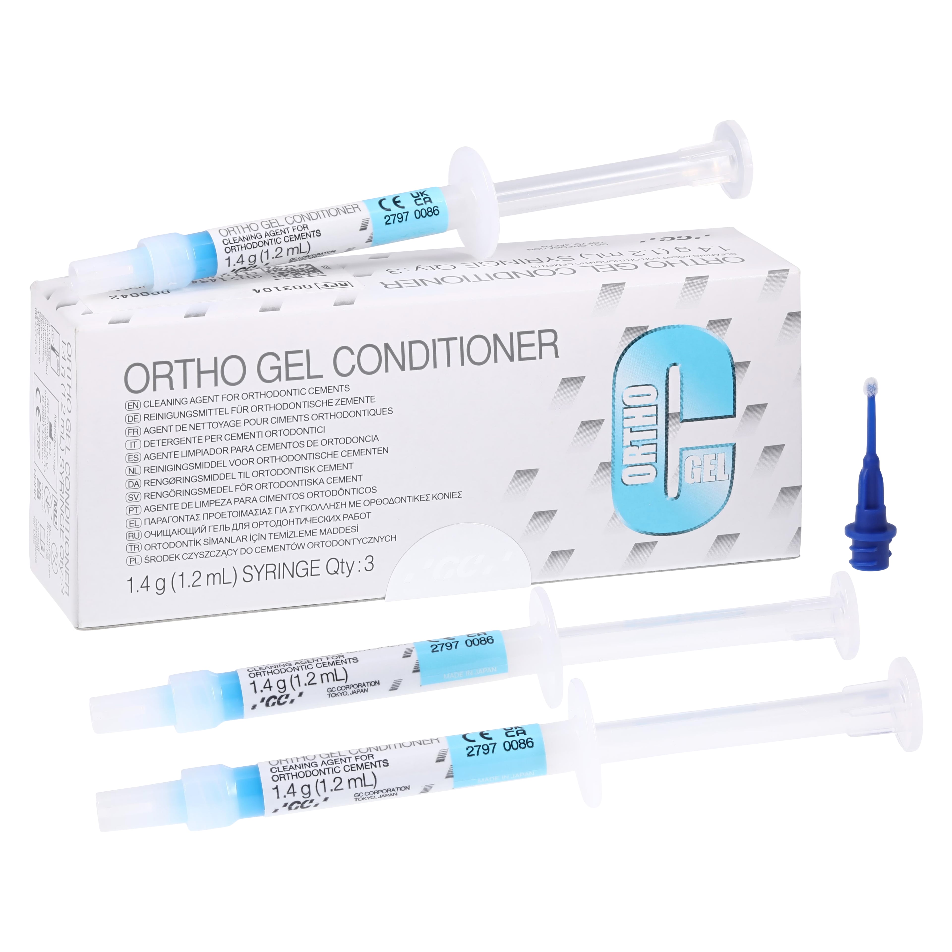GC America Ortho Gel Conditioner, 20% Polyacrylic Acid, 3 x 1.4 g (1.2 mL) Syringes with 25 Brush Tips, Refill, 003104