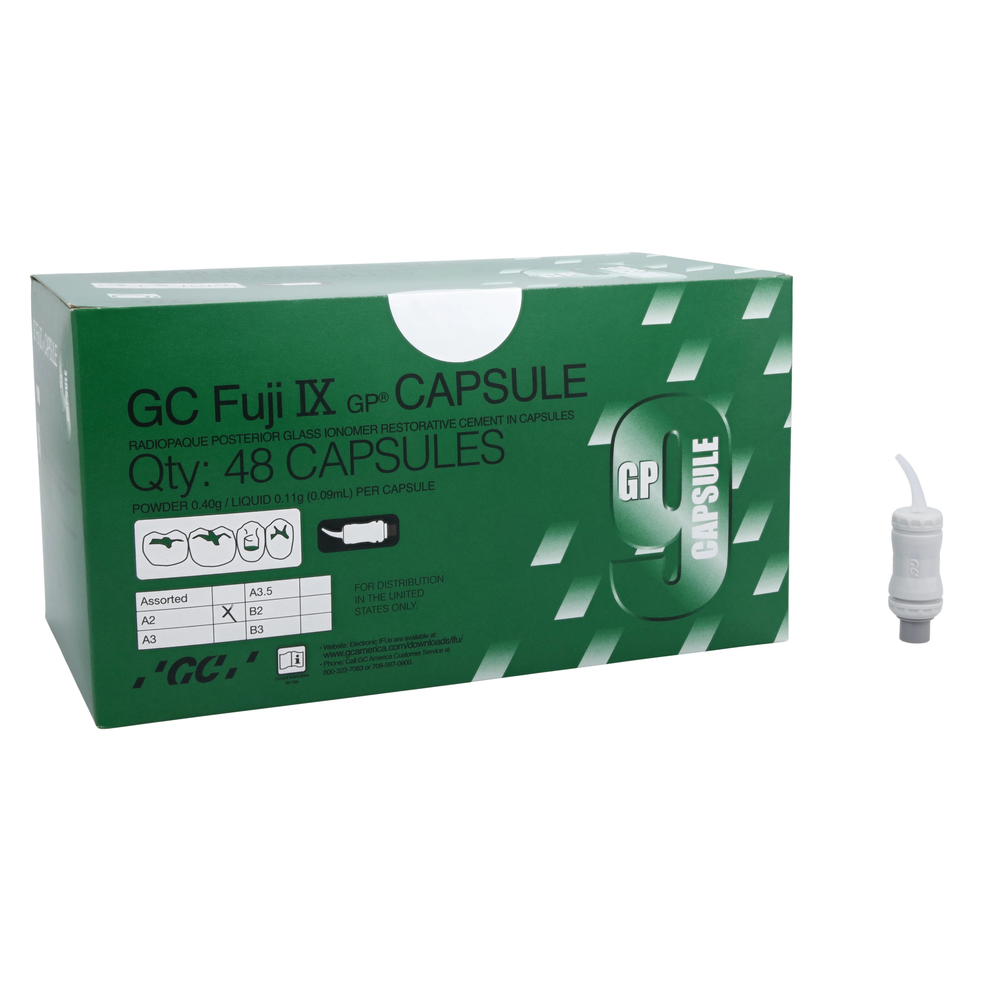 GC Fuji IX GP Glass Ionomer Restorative, Self-Cure, Regular Set, Capsule Refill, Shade A2, 0.14 ml, 48/Pk, 425081
