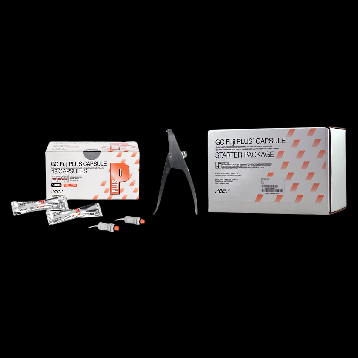 GC Fuji PLUS Resin-Reinforced Glass Ionomer Luting Cement, No-Etch Capsule Starter Package, 48 Capsules + Applier, White