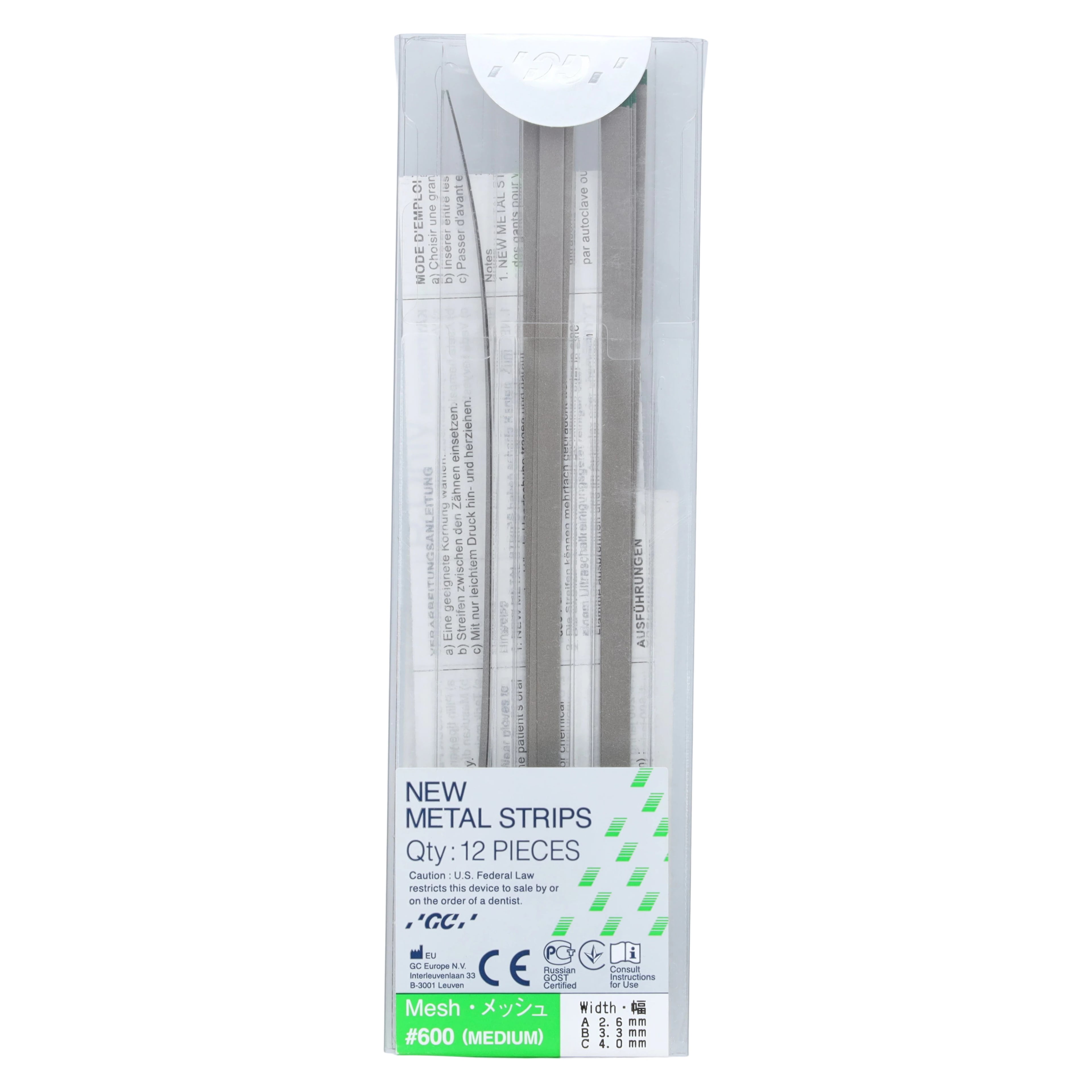 GC America Metal Finishing Strips, #600 Mesh (70 Micron), Medium, Green, Assorted Widths (2.6/3.3/4.0 mm), 12/Pk, 000259