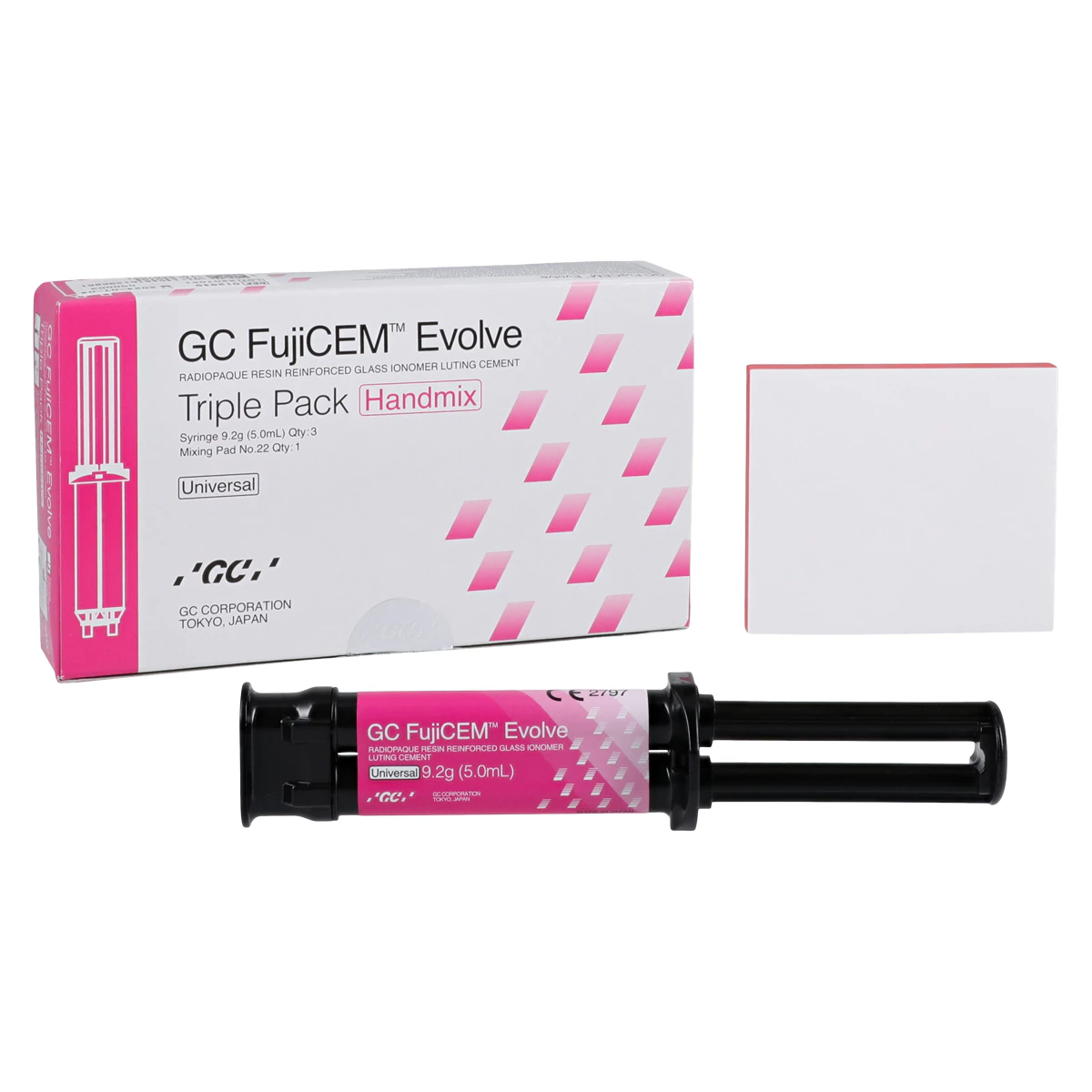 GC FujiCEM Evolve Resin-Reinforced Glass Ionomer Luting Cement, Handmix Triple Pack, 3 x 9.2 g Syringes, 45 Tips, 012949