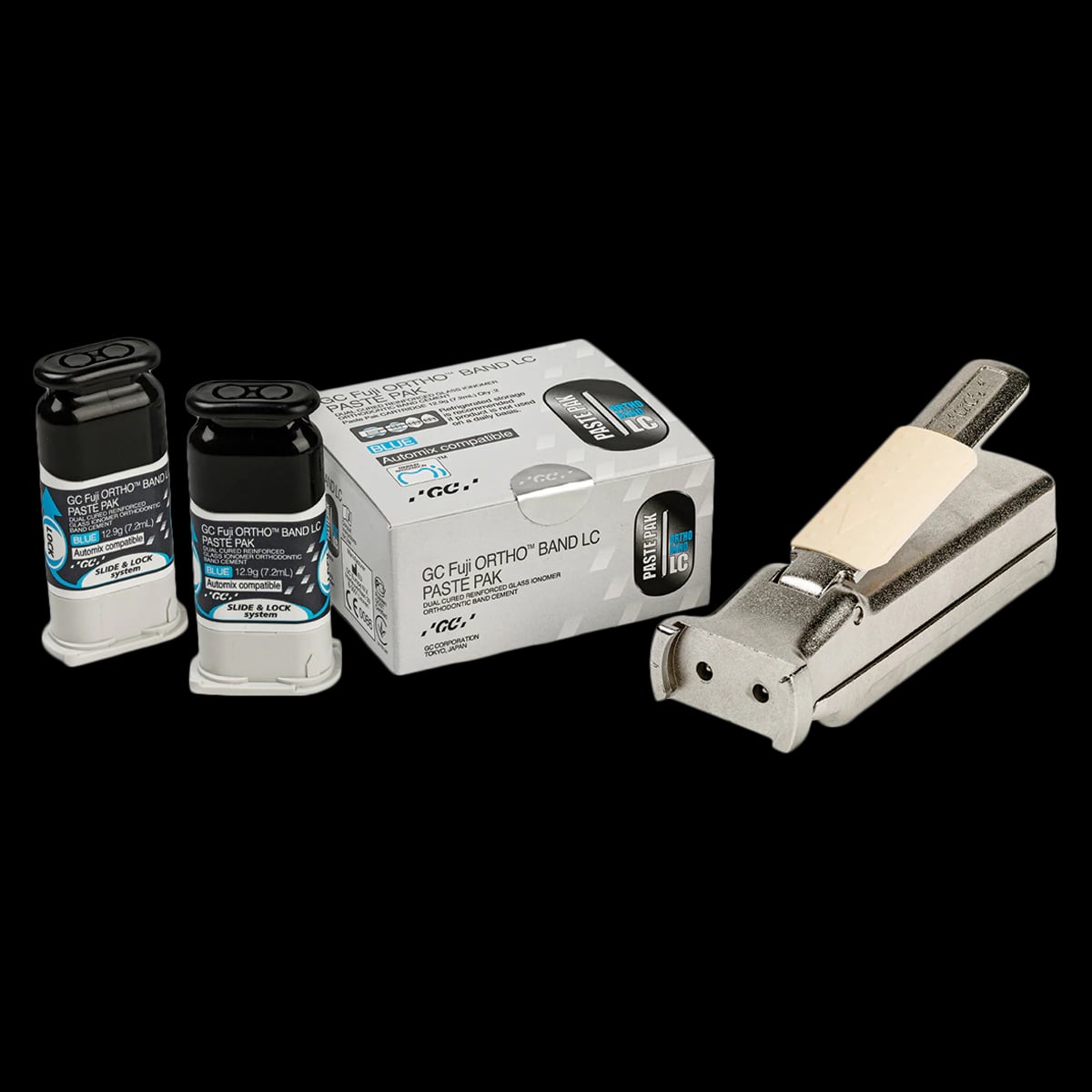 GC America Fuji Ortho Band LC Automix Starter Kit, Light-Cured Resin-Reinforced Glass Ionomer Orthodontic Band Cement, Blue, 2 x 7.2 mL Cartridges, 439470