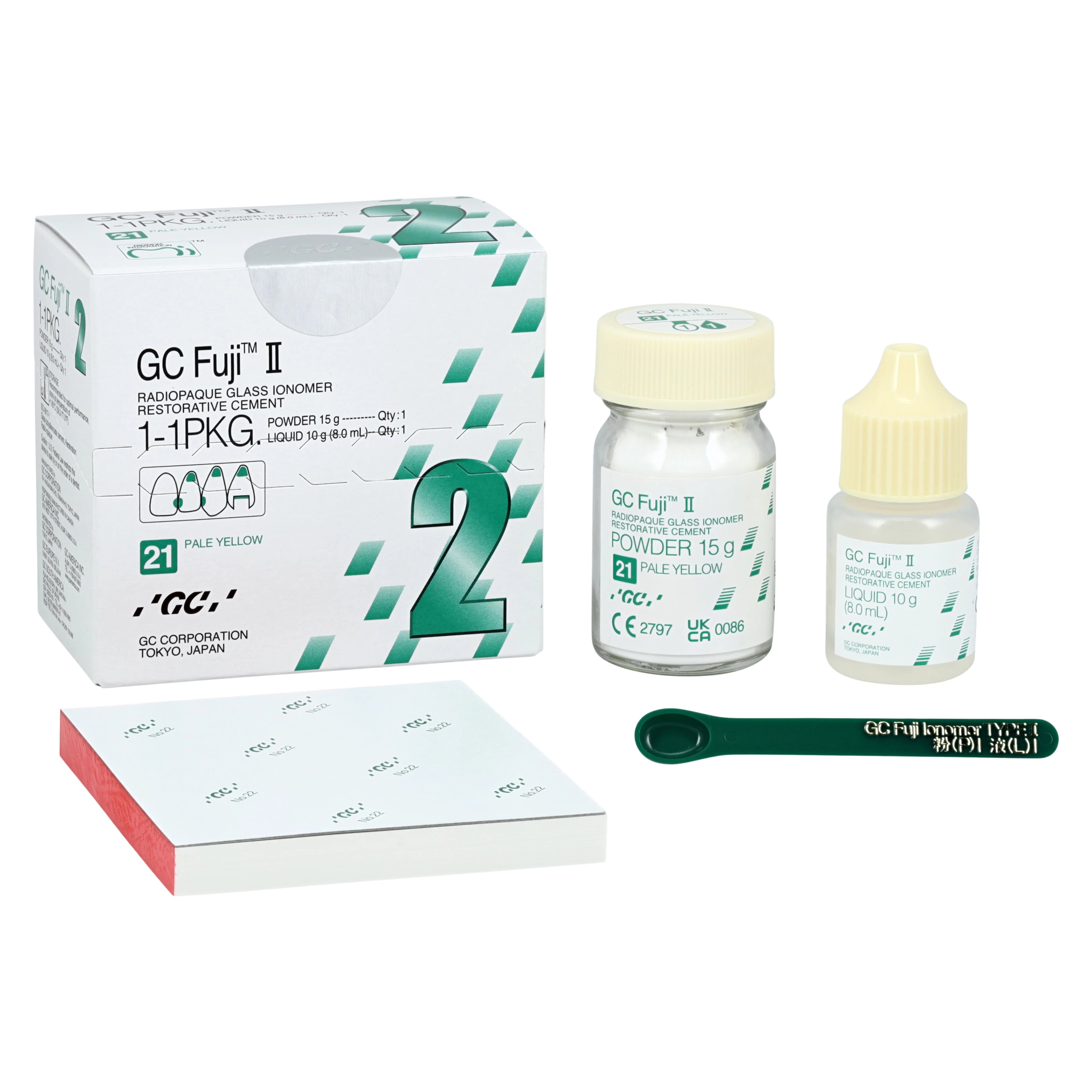 GC Fuji II Glass Ionomer Restorative, 1:1 Powder/Liquid Package, Shade #21 Pale Yellow, 15 g Powder / 8 mL Liquid, 000101
