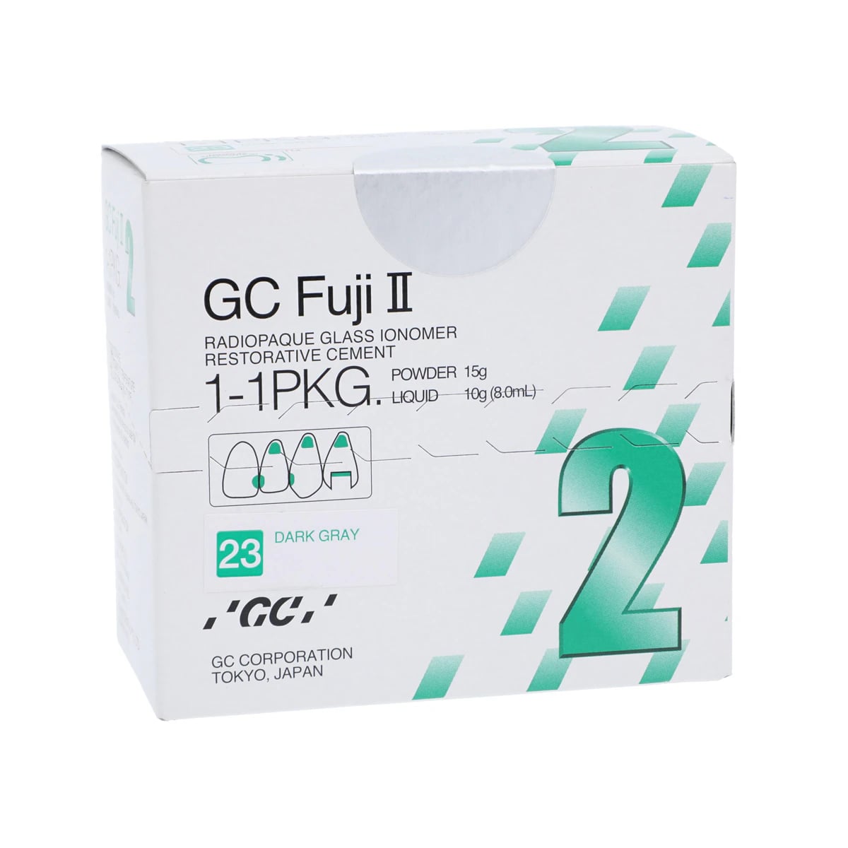 GC Fuji II Glass Ionomer Restorative, 1:1 Powder/Liquid Kit, Shade #23 Dark Gray, 15g Powder + 8mL Liquid, 1 Kit, 000103