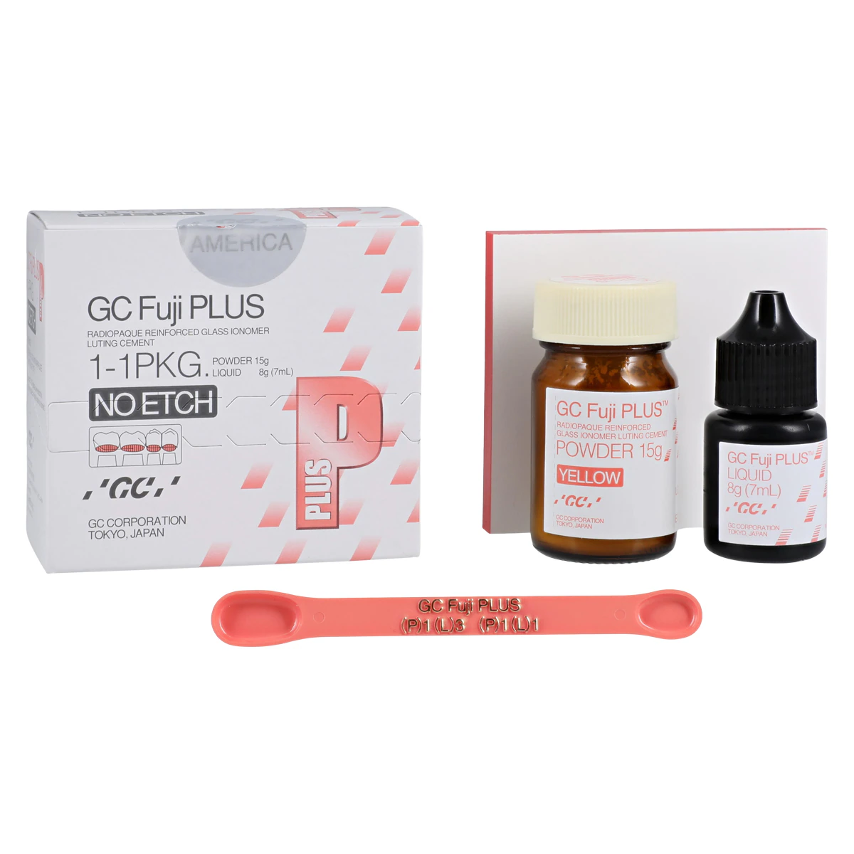 GC Fuji PLUS Resin-Reinforced Glass Ionomer Luting Cement, Powder/Liquid No-Etch Package, 15g Powder & 7mL Liquid, 431101