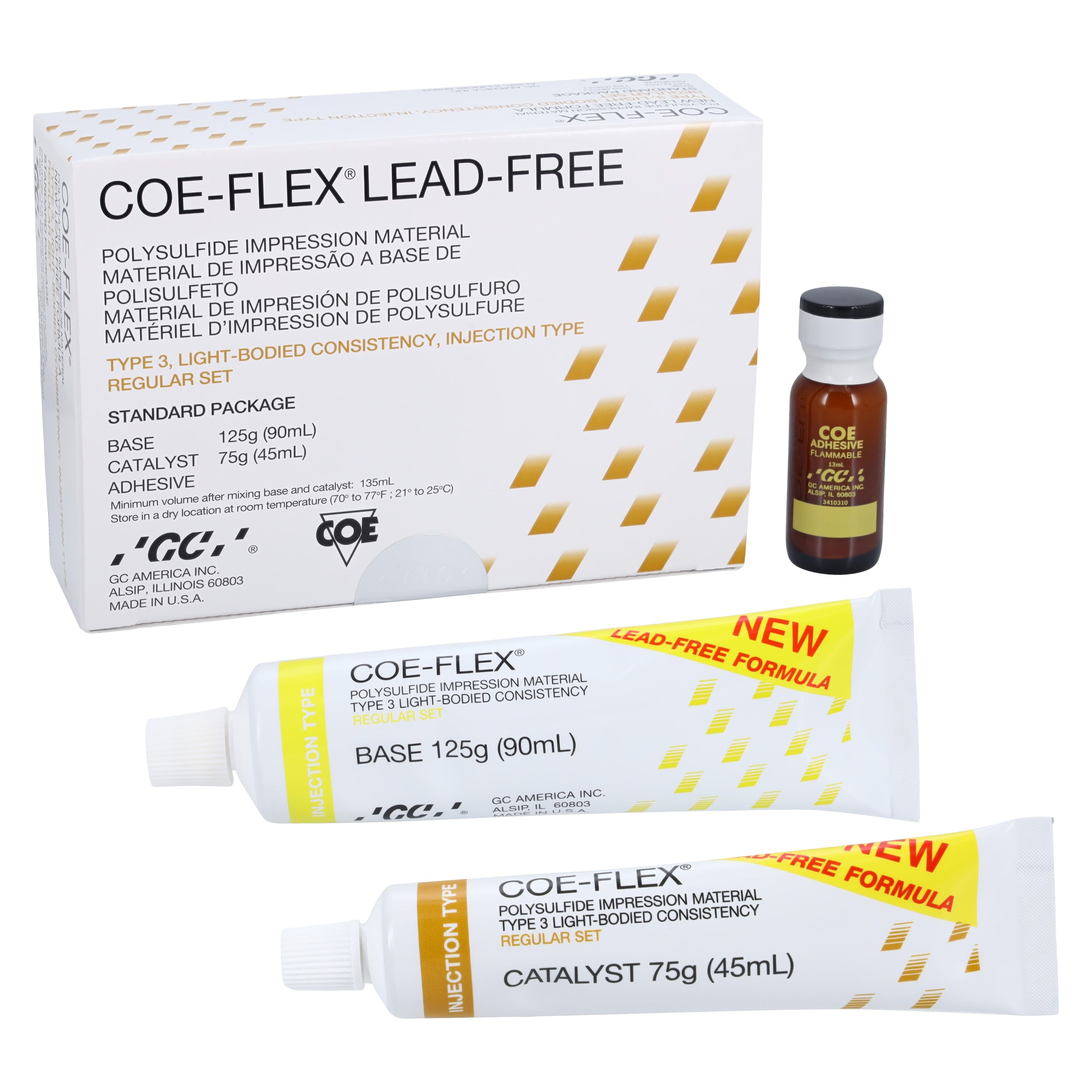 GC America COE-FLEX Lead-Free Polysulfide Impression Material, Injection Type (Light Body), Standard Pack, 90 mL Base / 45 mL Catalyst / 13-15 mL Adhesive, #131003
