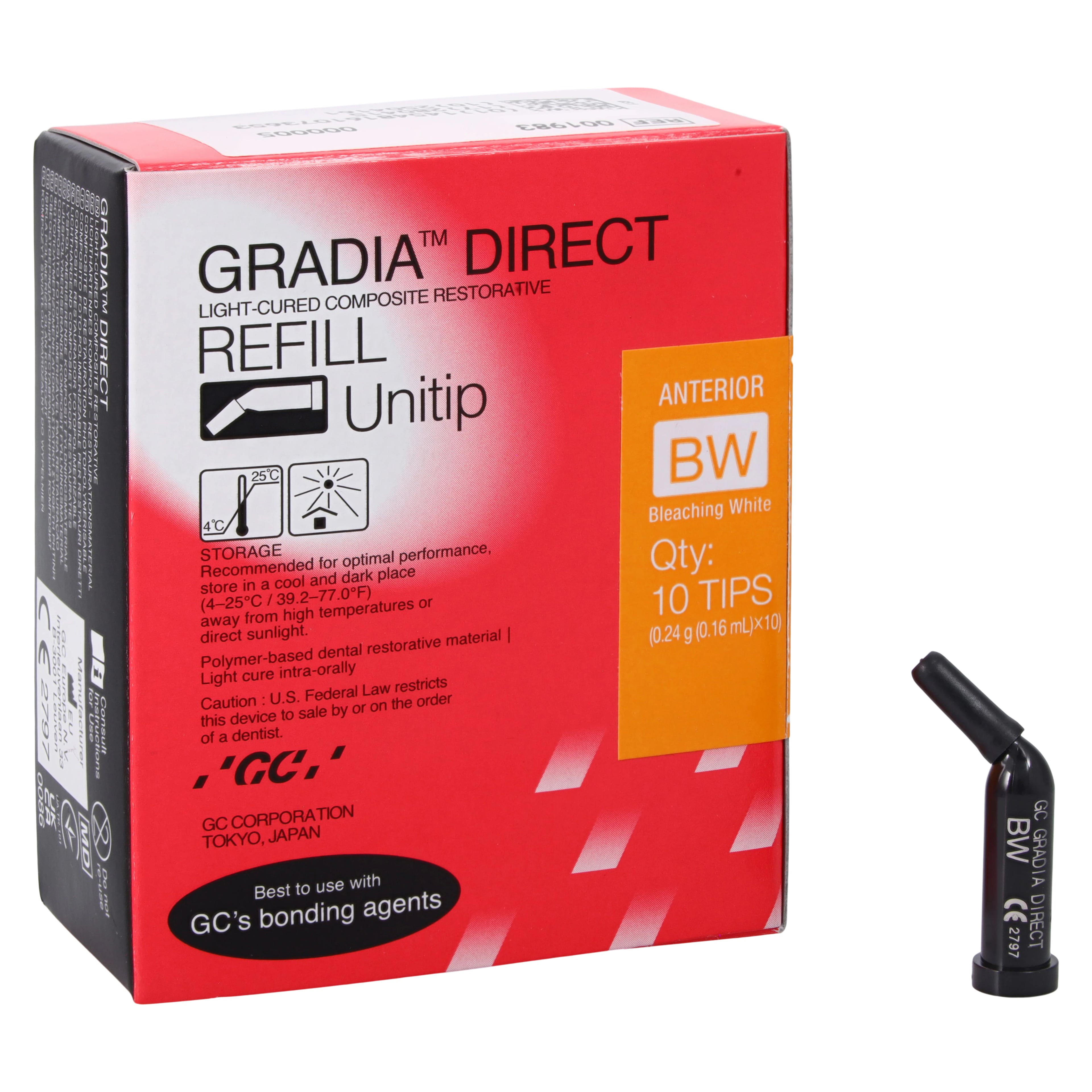 GC America GraDia Direct Light-Cured Micro-Filled Hybrid Resin Composite Unitip Refill, Shade BW (Bleach White), 0.16 mL Tips, 10/Box, #001983
