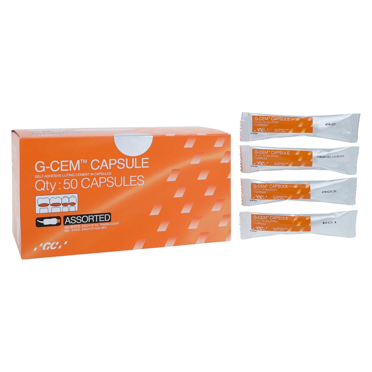 GC G-CEM Self-Adhesive Resin Luting Cement, Capsule Refill, Assorted Shades (A2, Translucent, AO3, BO1), 0.17 mL per Capsule, 50/Bx, 002588