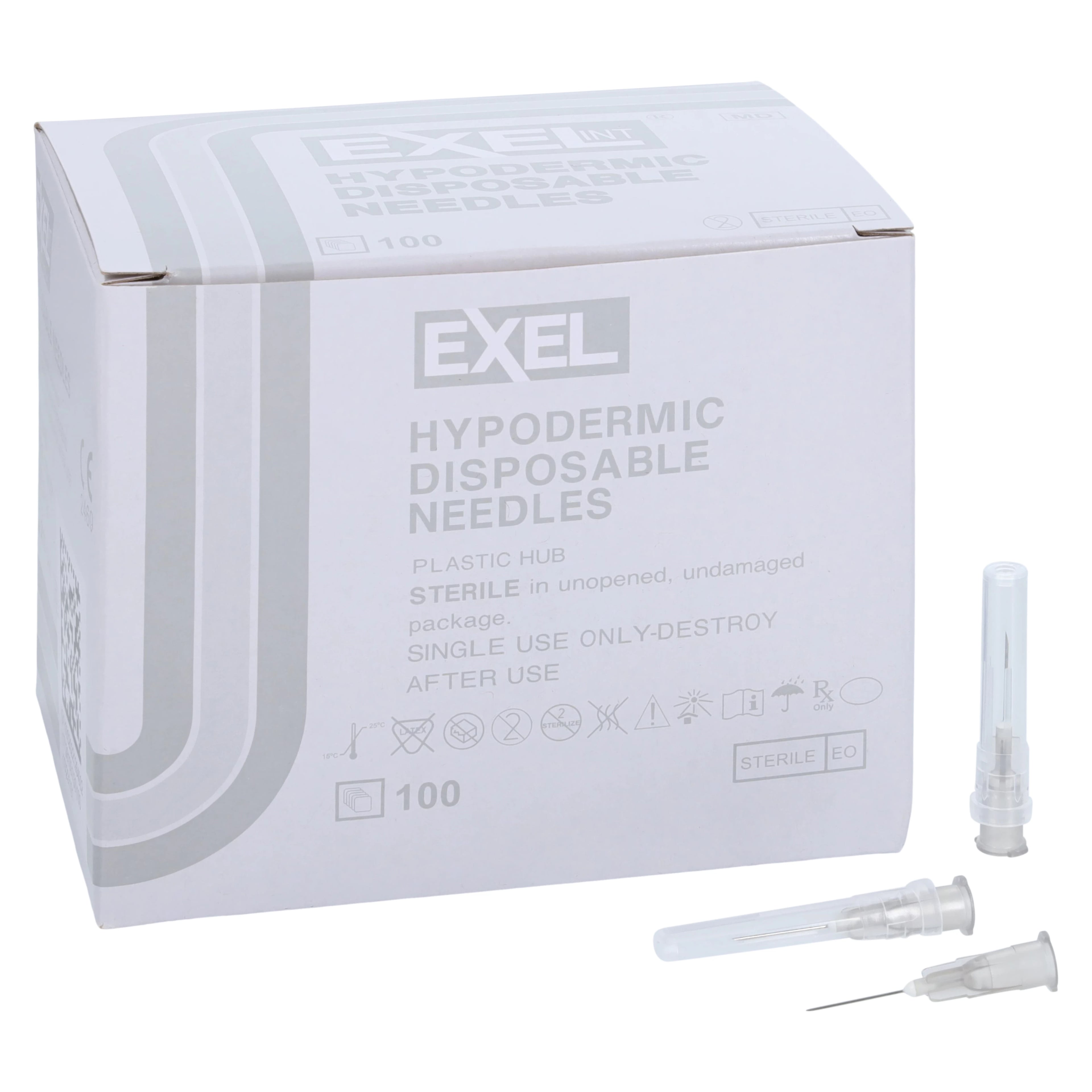 Exel Needle Disposable, Hypodermic, 27G x 1/2", Gray, Conventional Bevel, Sterile, Non-Latex, 100/Box