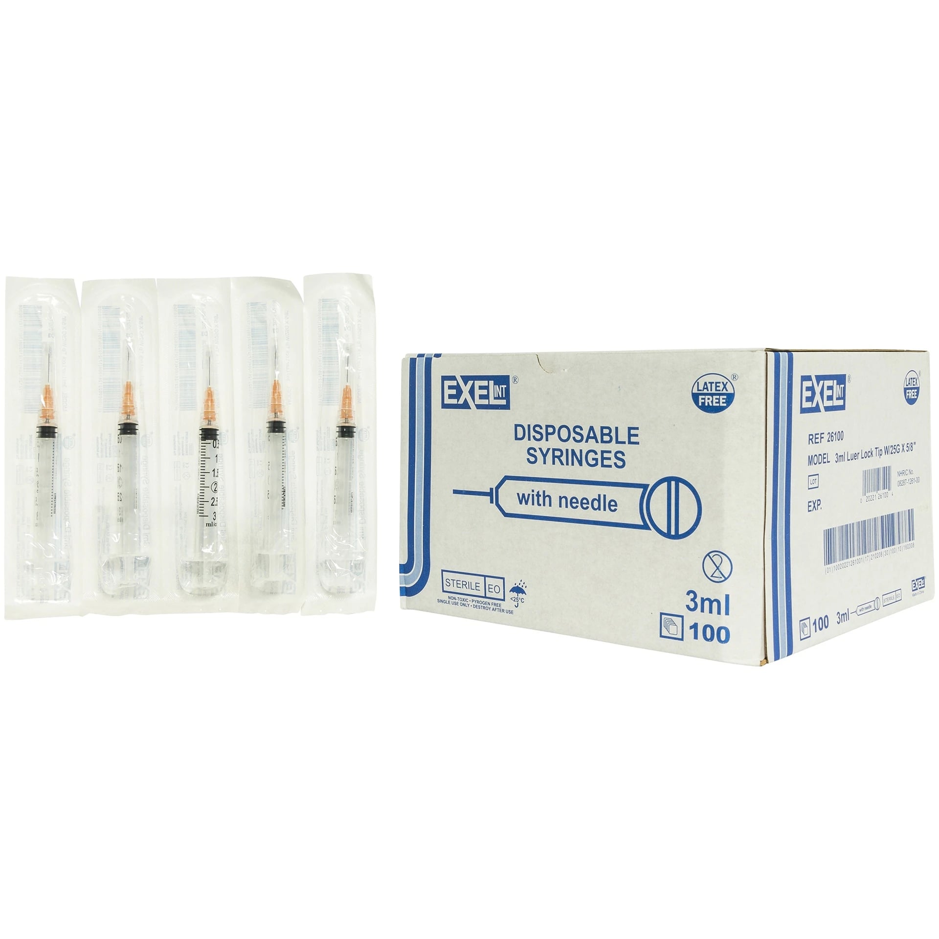 Exel Hypodermic Syringes with Needle, 3cc, 25G x 1-1/2", Dark Blue, Sterile, Latex-Free, 100/Box