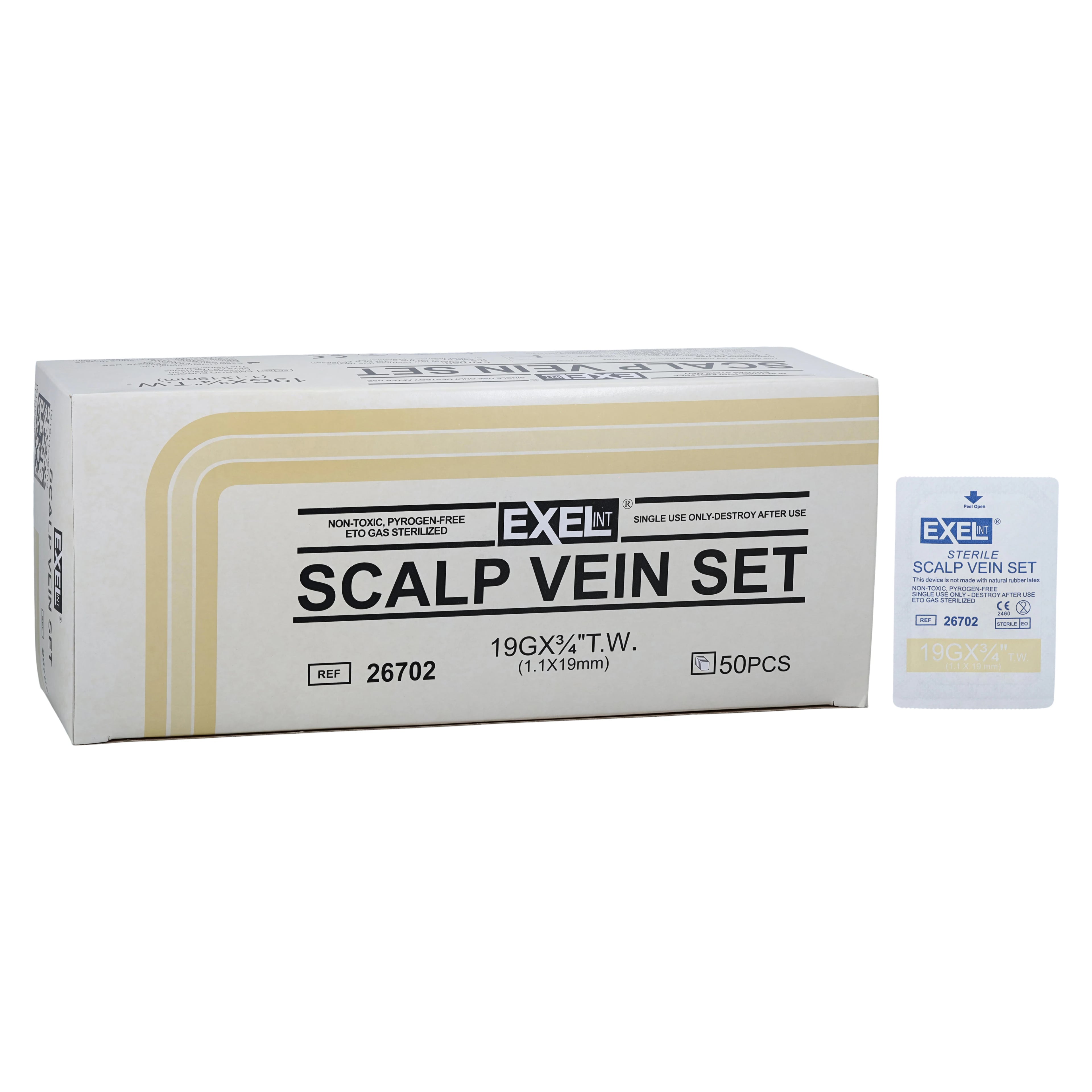 Exel Scalp Vein Set, 19 Gauge, 3/4" Needle, 12" Tubing, Siliconized Stainless Steel, Sterile, Latex-Free, DEHP-Free, 50/Box
