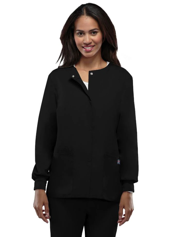 Cherokee Workwear Women's Warm-Up Jacket, Snap Front, 2 Patch Pockets with Cell Phone Pocket, Black, X-Large