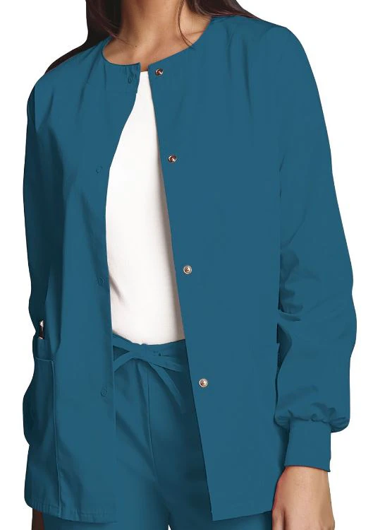 Cherokee Workwear Women's Warm-Up Jacket, Snap Front, 3 Pockets, Caribbean Blue, X-Small
