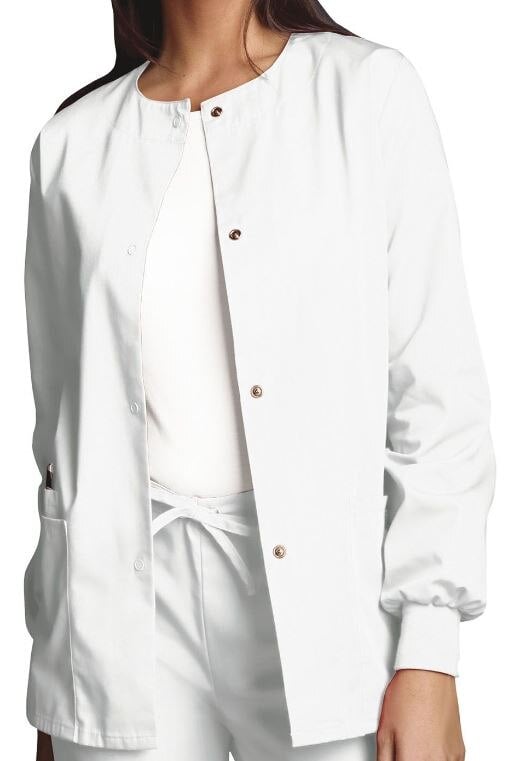 Cherokee Workwear Women's Warm-Up Jacket, Snap Front, 3 Pockets, White, X-Large, 4350