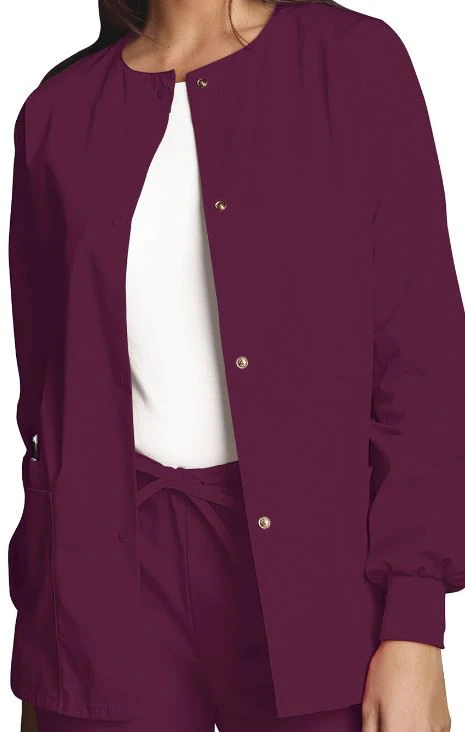 Cherokee Workwear Warm-Up Jacket, Snap Front, 2 Pockets, Long Sleeves, Knit Cuff, Large, Women's, Wine