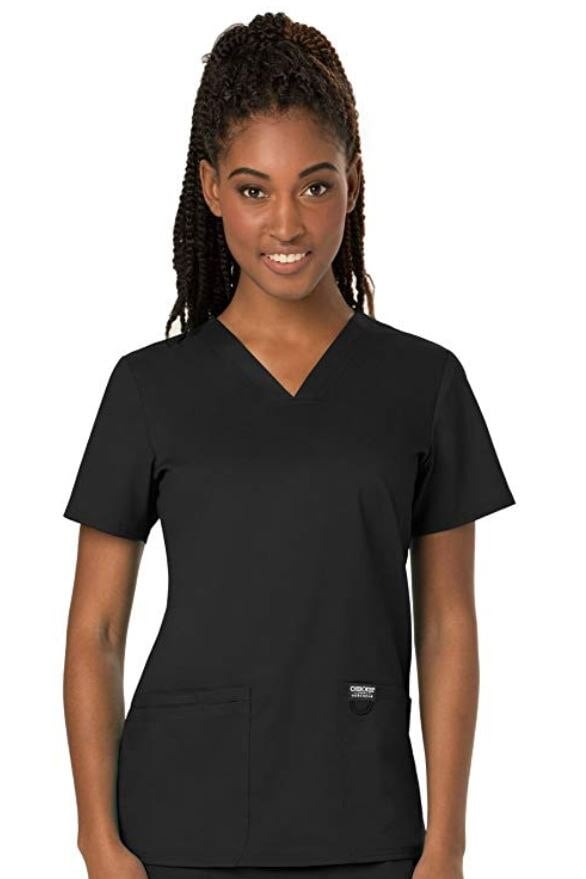 Cherokee Workwear 4700 Women's V-Neck Scrub Top, Black, X-Small, 65% Polyester / 35% Cotton, 3 Pockets