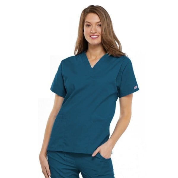 Cherokee Workwear Scrub Top, Womens V-Neck, 3 Pockets, Caribbean Blue, Medium, 4700