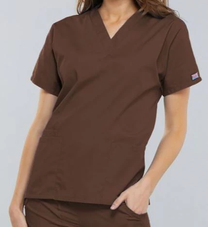 Cherokee Workwear Scrub Top, Womens V-Neck, 3 Pockets, 4X Large, Chocolate, 65% Polyester/35% Cotton