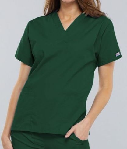 Cherokee Workwear Scrub Top, Women's V-Neck, 3 Pockets, 2X Small, Hunter Green, 65% Polyester/35% Cotton, 4700