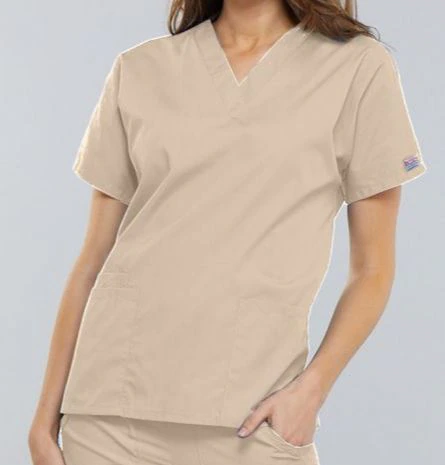 Cherokee Workwear 4700 Women's V-Neck Scrub Top, Khaki, X-Small, 65% Polyester/35% Cotton, 3 Pockets