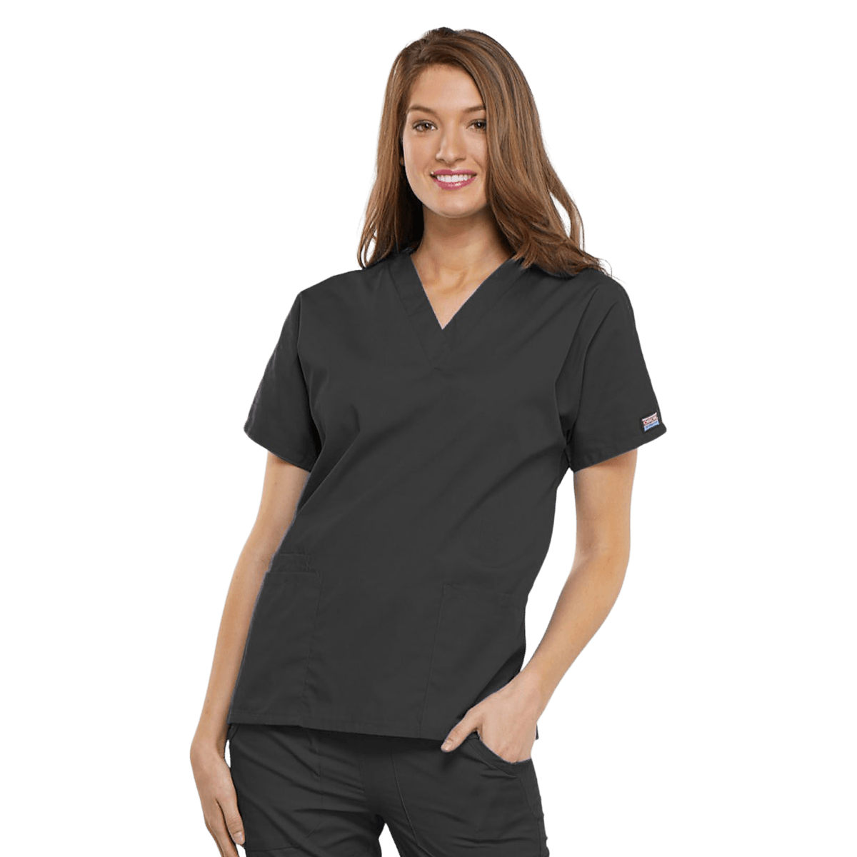 Cherokee Workwear Scrub Top, Women's V-Neck, 3 Pockets, Short Sleeves, Medium, Pewter, 4700
