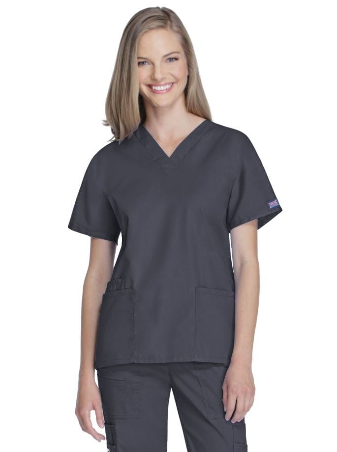 Cherokee Workwear 4700 Women's V-Neck Scrub Top, Pewter, X-Small, 65% Polyester/35% Cotton, 3 Pockets
