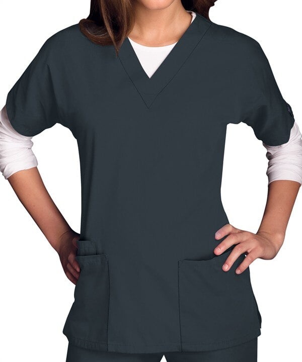Cherokee Workwear Scrub Top, Womens V-Neck, 2 Patch Pockets, 65% Polyester/35% Cotton, Pewter, 2X Small, 4700