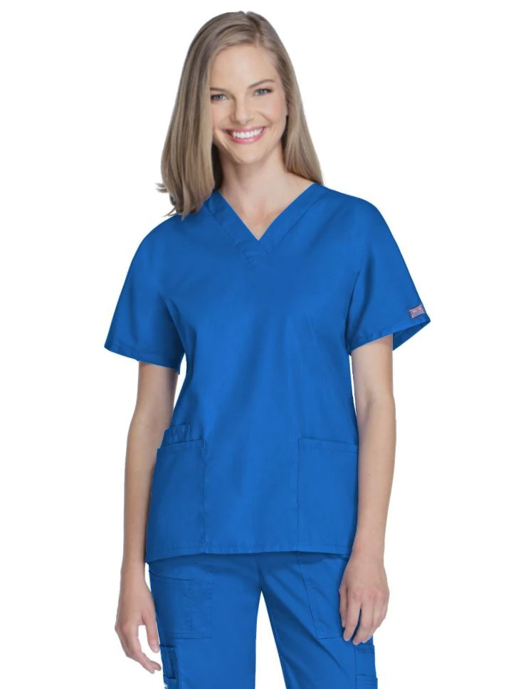 Cherokee Workwear Scrub Top, Women's V-Neck, 3 Pockets, Short Sleeves, Medium, Royal Blue, 4700