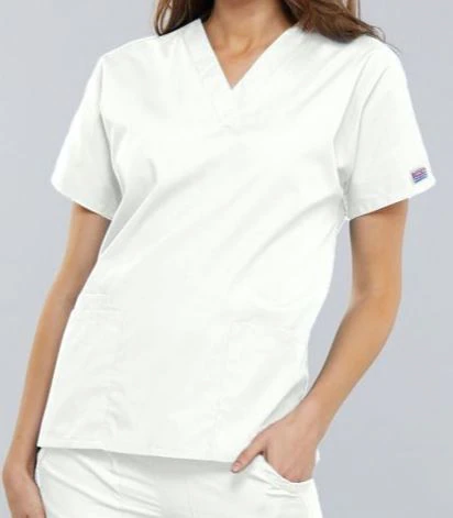 Cherokee Workwear Scrub Top, Women's V-Neck, 2 Pocket, 3X Large, White, 65% Polyester/35% Cotton, 4700