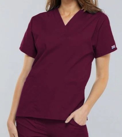 Cherokee Workwear Scrub Top, Womens V-Neck, 3 Pockets, 2X Small, Wine, 65% Polyester/35% Cotton