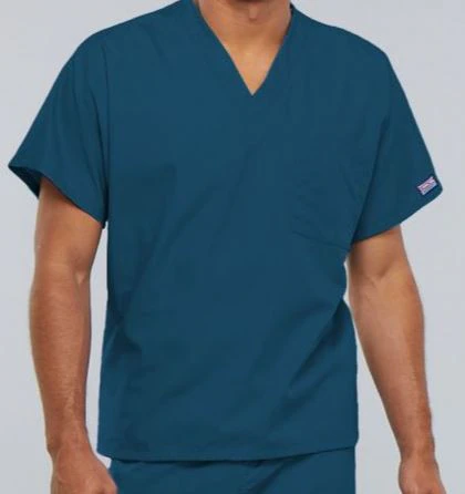Cherokee Workwear Scrub Top Unisex V-Neck 1 Pocket, Caribbean Blue, Small, 4777
