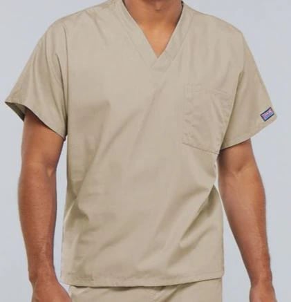 Cherokee Workwear 4777 Unisex V-Neck Scrub Top, Short Sleeves, 1 Pocket, X-Large, Khaki
