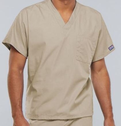 Cherokee Workwear Scrub Top Unisex V-Neck 1 Pocket, Short Sleeves, 5X Large, Khaki, 65% Polyester/35% Cotton, 4777