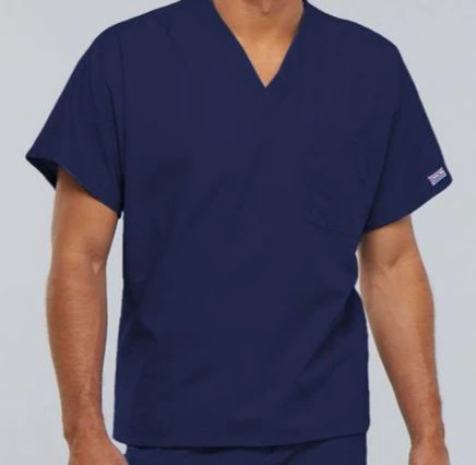 Cherokee Workwear Scrub Top, Unisex V-Neck, Short Sleeves, Navy, 1 Pocket, 4777