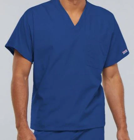 Cherokee Workwear Scrub Top Unisex V-Neck 1 Pocket, Short Sleeves, Medium, Royal Blue, 65% Polyester/35% Cotton, 4777