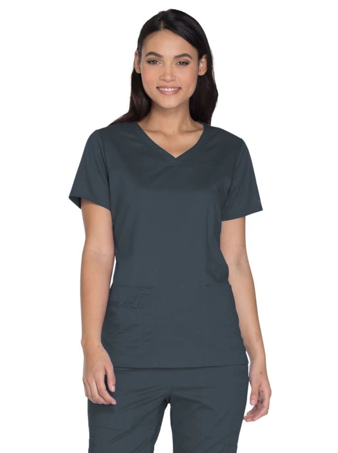 Cherokee Workwear Scrub Top, Womens Core Stretch, V-Neck, 3 Pockets, Small, Pewter, 4727