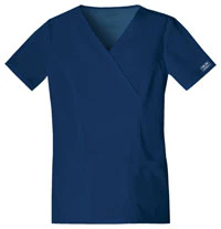 Cherokee Workwear Core Stretch Women's Scrub Top, Mock Wrap V-Neck, Short Sleeves, Navy, X-Small, 4728