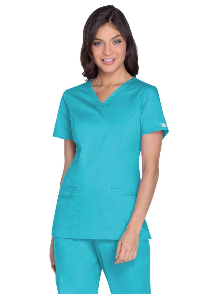 Cherokee Workwear Core Stretch Women's Mock Wrap V-Neck Scrub Top, Turquoise, X-Large, 4728