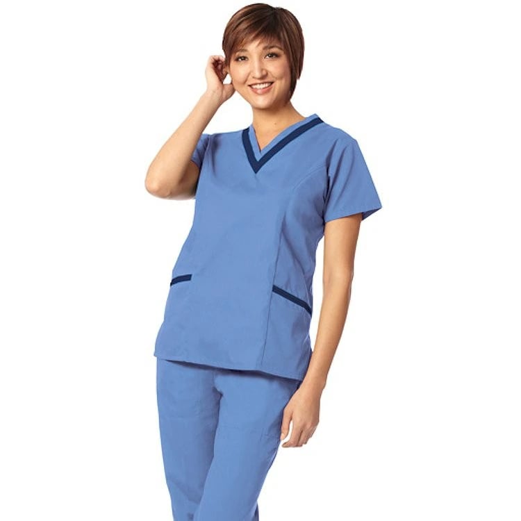 Fashion Seal Healthcare® Ladies' Double V-Neck Tunic, Ciel Blue/Navy, Extra Small, 65% Polyester/35% Cotton