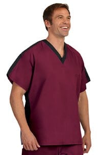 Fashion Seal Unisex Side Flex Scrub Shirt, Black/Burgundy, X-Small, Pullover, 1 Left Breast Pocket, 65% Polyester/35% Cotton, Style 7181