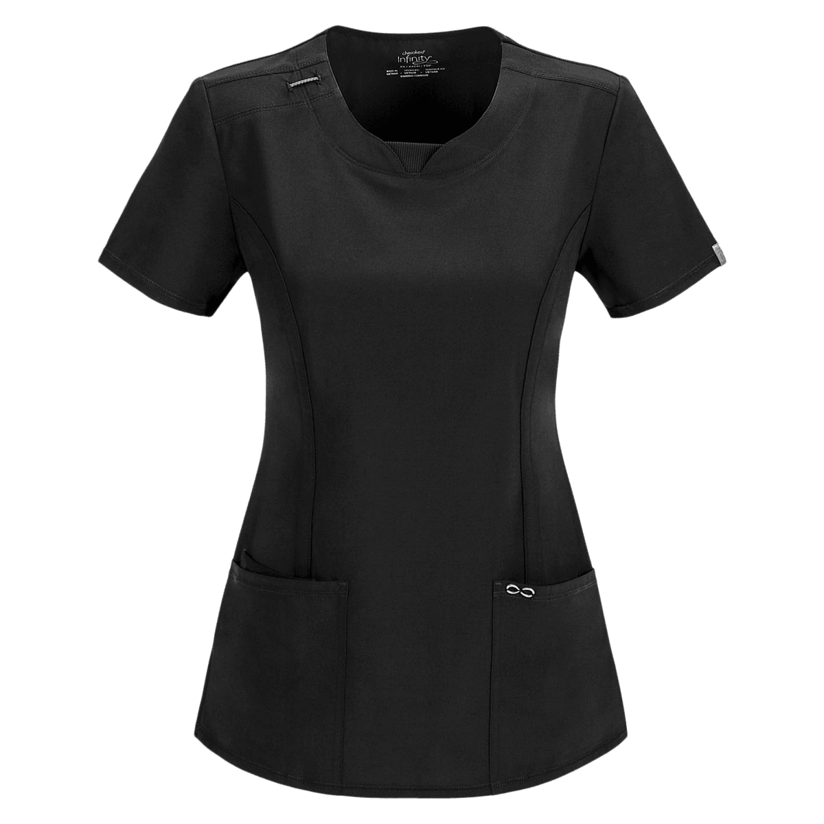 Cherokee Workwear Women's Scrub Top, Round Neck, Short Sleeves, 3 Pockets, Black, Small, 26 in