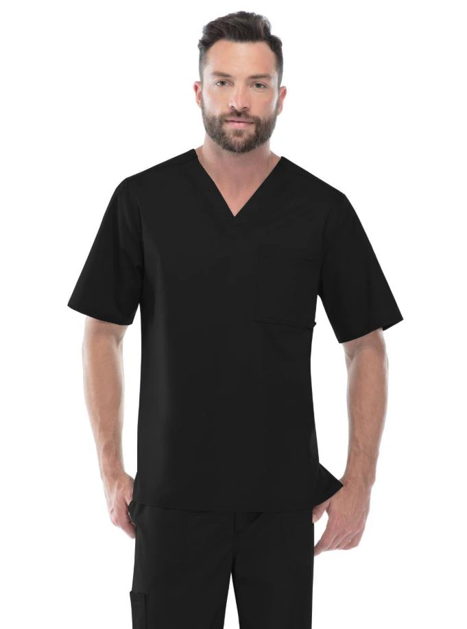 Cherokee Workwear Scrub Top, Mens V-Neck, Luxe, 1 Pocket, Short Sleeves, Medium, Black, Each