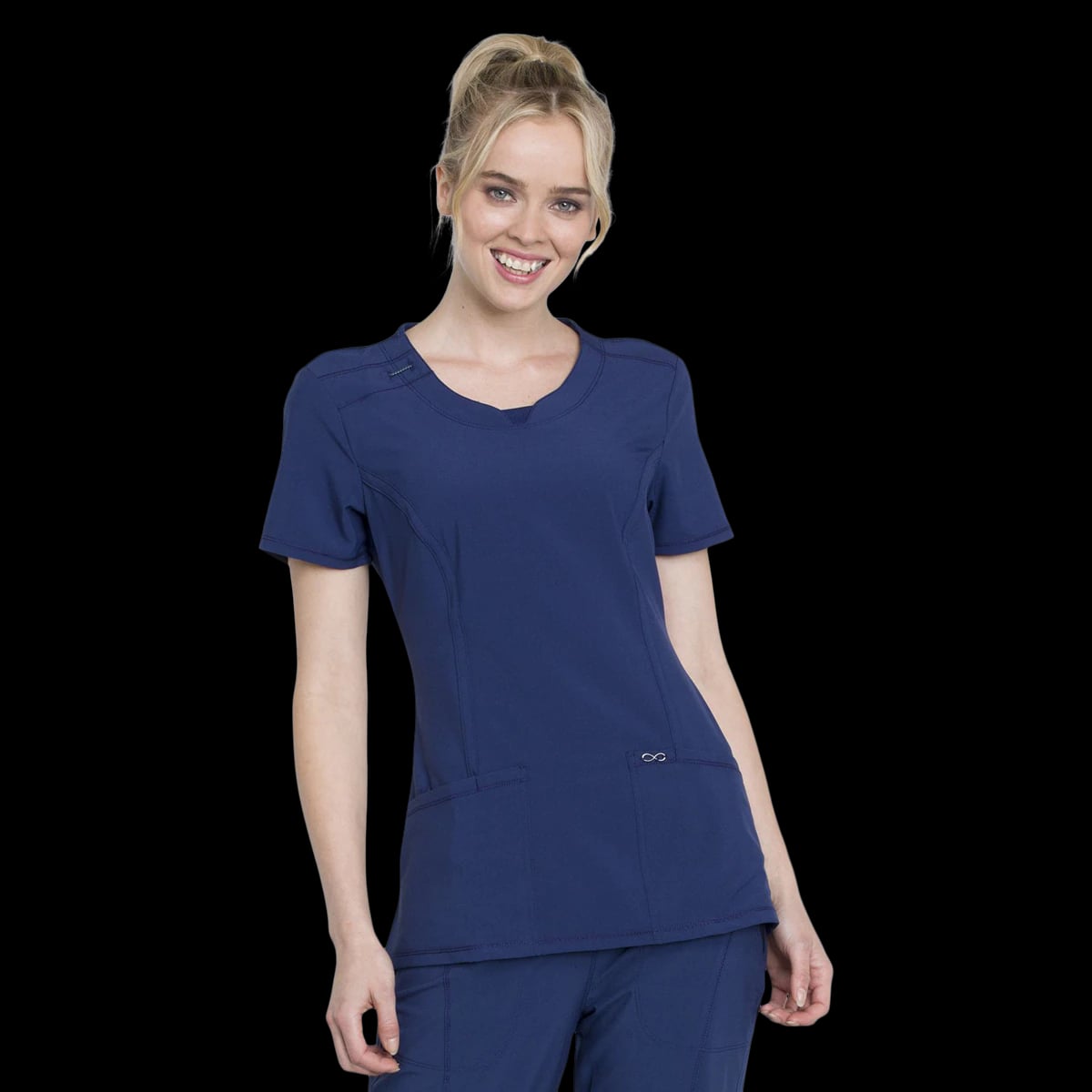 Cherokee Workwear Women's Infinity Contemporary Fit Round Neck Short Sleeve Scrub Top, Navy, Medium, 26 in Center Back Length, 3 Pockets