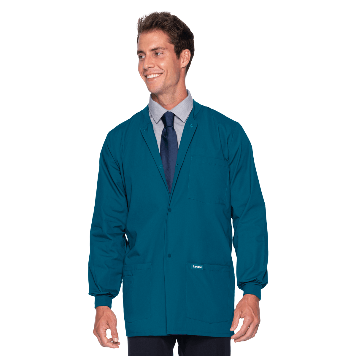 Landau Warm-Up Jacket, 5-Pocket, Snap Front, Long Sleeves, Men's Small, Caribbean Blue, 31.5 in, Style 7551