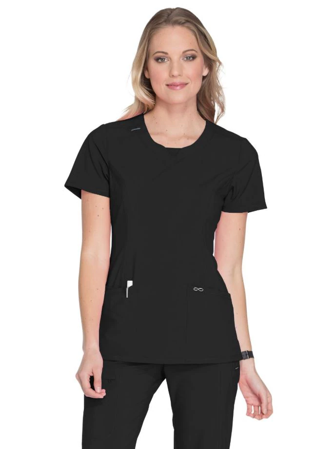 Cherokee Workwear Top Scrub Round Neck Womens, Black, 3X Large, 26 in Length, 3 Pockets, Reusable