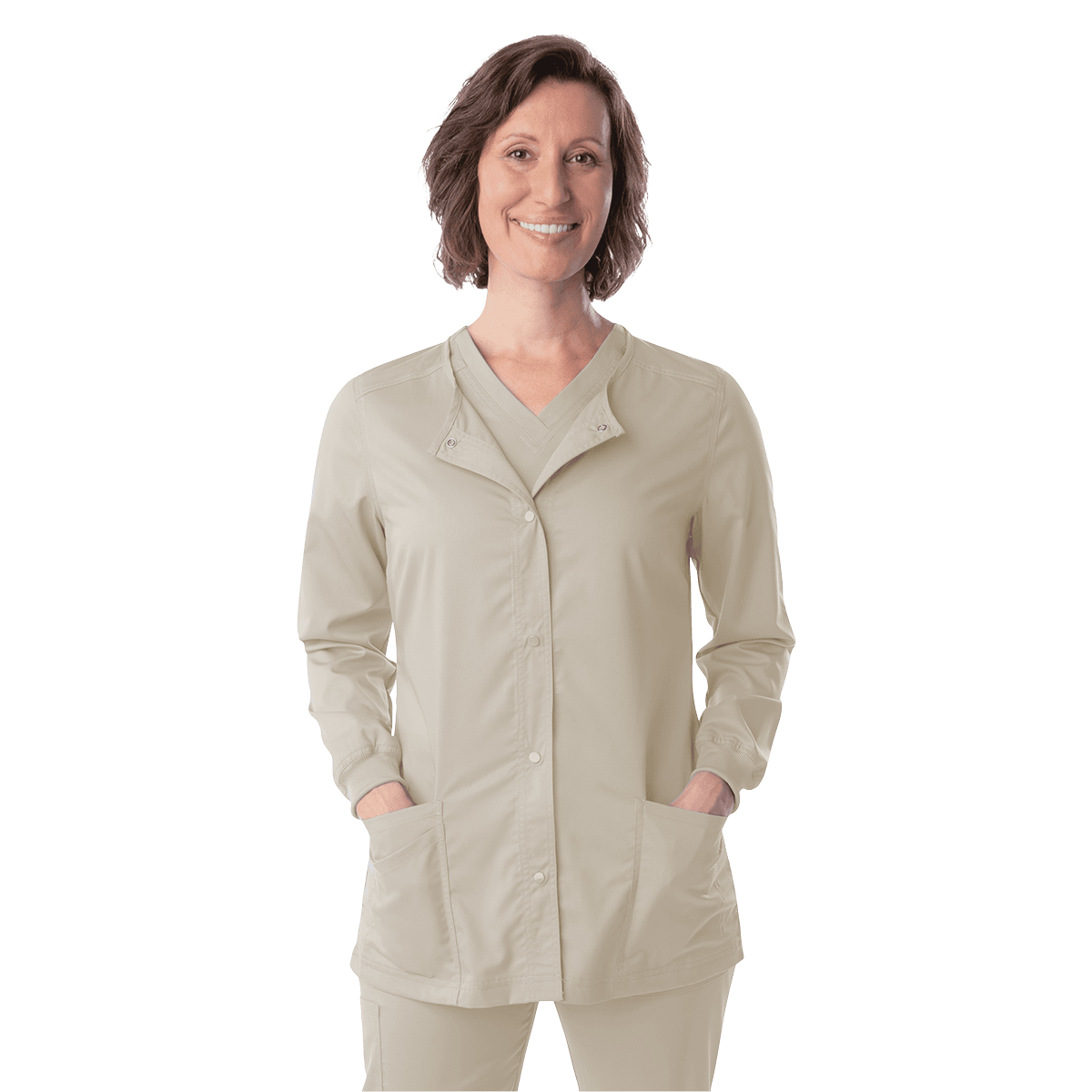 Proflex Warm-Up Jacket, Women's, Sandstone, Large, Snap Front, 3 Pockets, Long Sleeves with Knit Cuffs