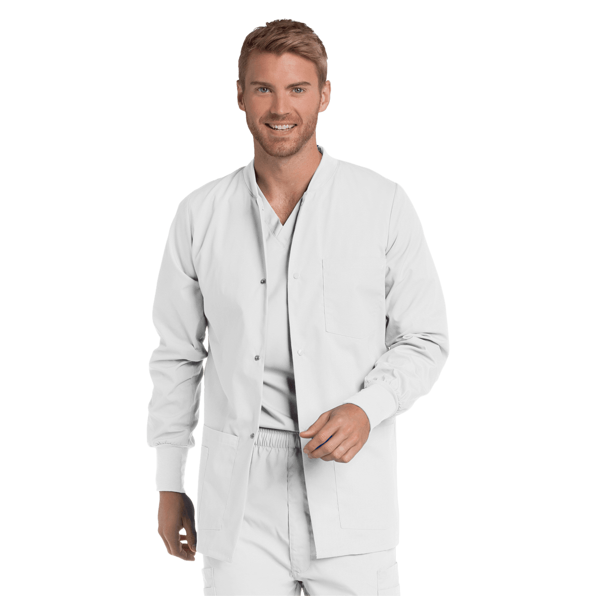 Landau Essentials Warm-Up Jacket, 5-Pocket, Long Sleeves, Knit Cuff, Men's, White, 5X-Large, Each