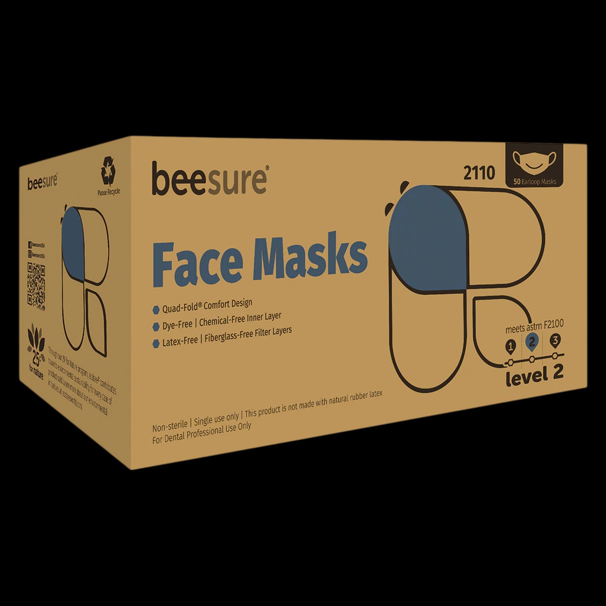 BeeSure Deluxe Earloop Procedure Face Mask, ASTM Level 2, Blue, 50/Box, BE2100B