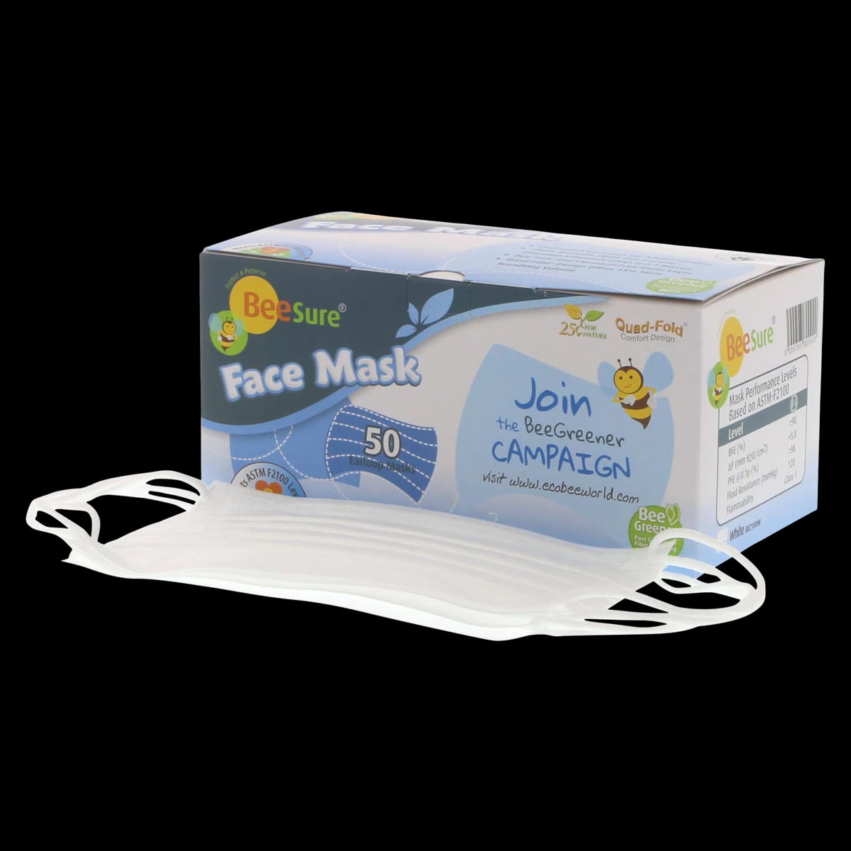 BeeSure Deluxe Earloop Face Mask, ASTM Level 2, White, 50/Box, BE2100W