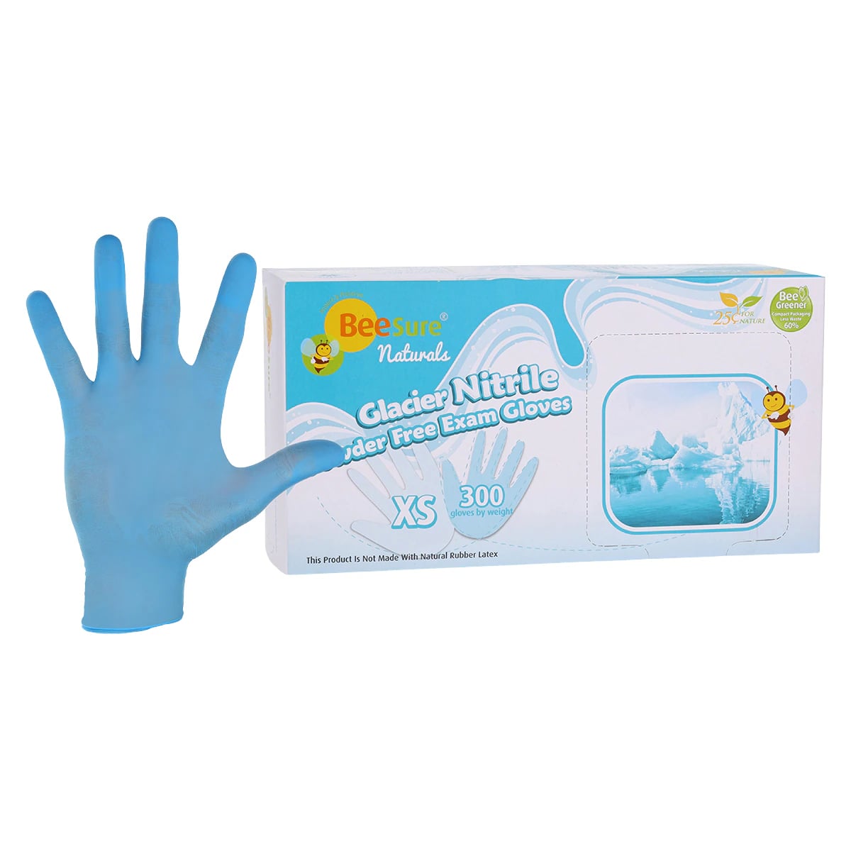BeeSure Naturals Glacier Nitrile Examination Gloves, Powder-Free, Non-Sterile, Extra Small, Glacier Blue, Textured Fingertips, 300/Box, BE2925